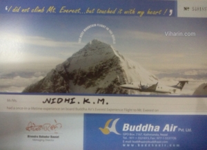 Viharin.com- Certificate of flight to Mount Everest by Buddha Air