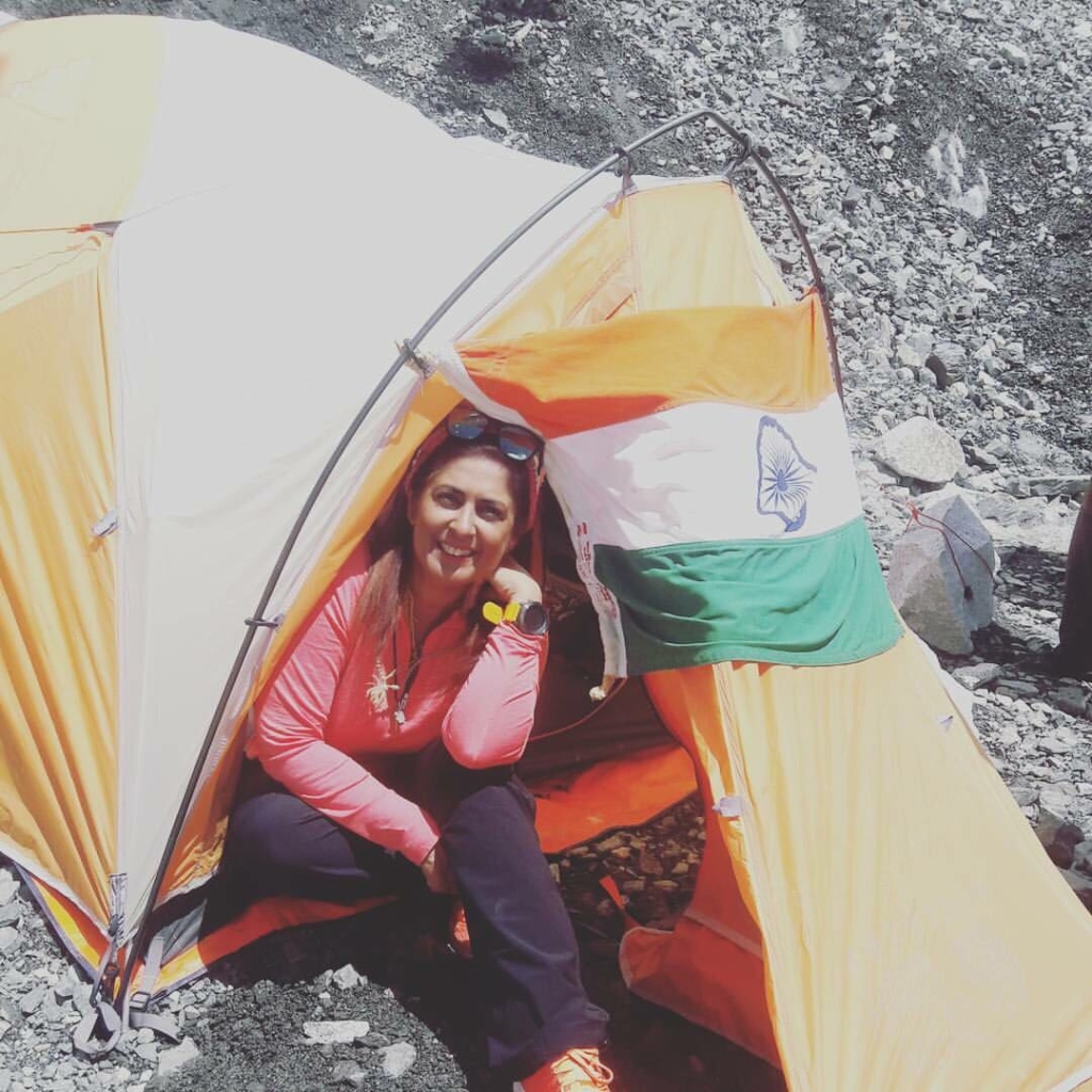 Sangeeta S Bahl sitting outside base camp at Everest